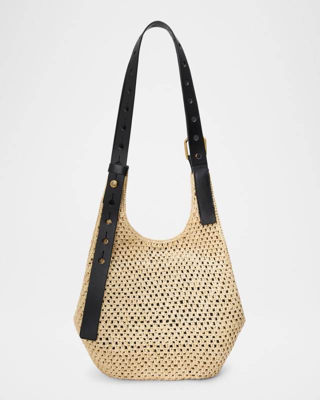 x Paula's Ibiza Small Punch Hole Hobo Bag in Raffia and Leather